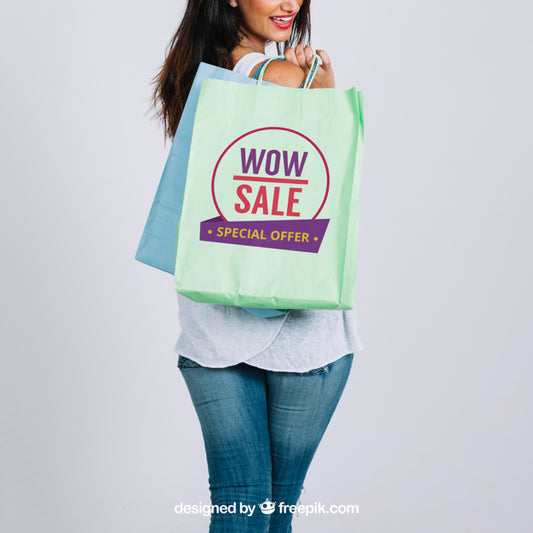 Free Shopping Bag Mockup With Woman Psd