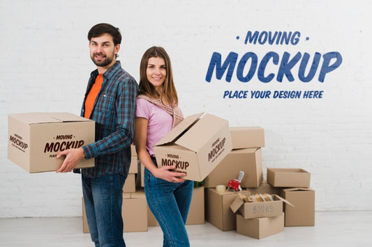 Free Side View Of Couple Posing With Moving Boxes Psd