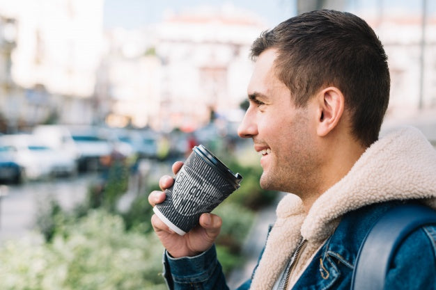 Free Side View Of Man With Coffee Cup Mockup Psd