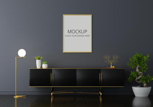 Free Sideboard In Black Living Room With Frame Mockup Psd