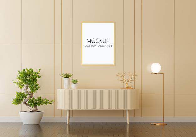 Free Sideboard In Living Room Interior With Frame Mockup Psd