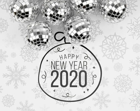 Free Silver Christmas Balls With Happy New Year 2020 Doodle Psd