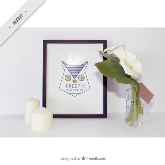Free Simple Frame With Candles And Cute Flowers Psd