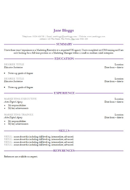 Free Simple Purple Microsoft Word (DOCX) CV or Resume Template