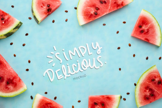 Free Simply Delicious Mock-Up Surrounded By Slices Of Watermelon Frame Psd