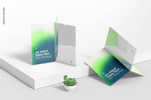 Free Six Sided Acrylic Table Tents Mockup, Perspective Psd