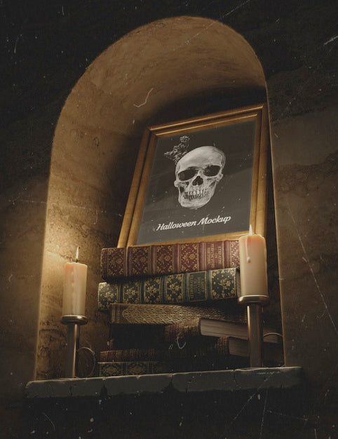 Free Skull In A Frame With Pile Of Books And Candles Psd