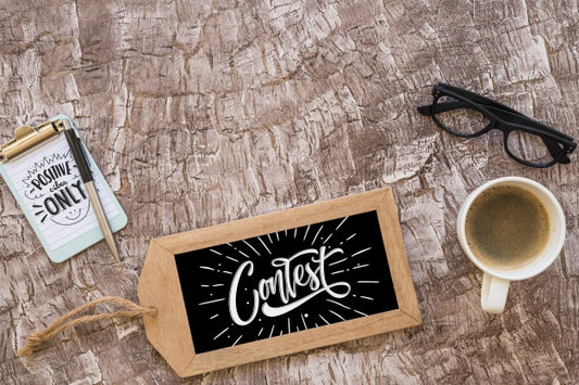 Free Slate Mockup With Coffee And Notepad Psd