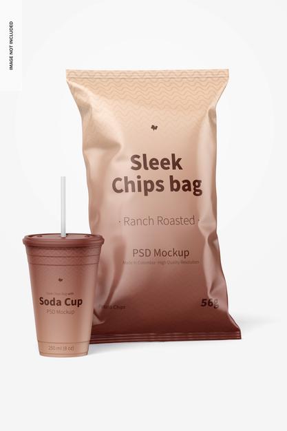 Free Sleek Chips Bags Mockup With Soda Cup Psd