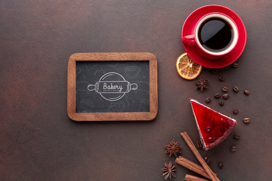 Free Slice Of Cake With Coffee And Blackboard Mock-Up Psd