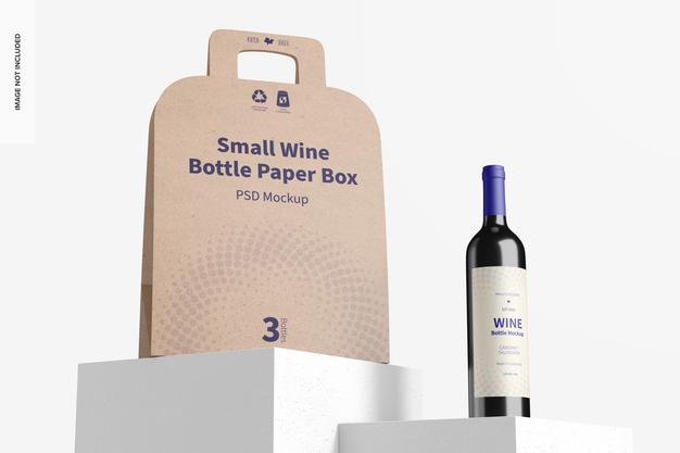 Free Small Wine Bottle Paper Box Mockup, Low Angle View Psd