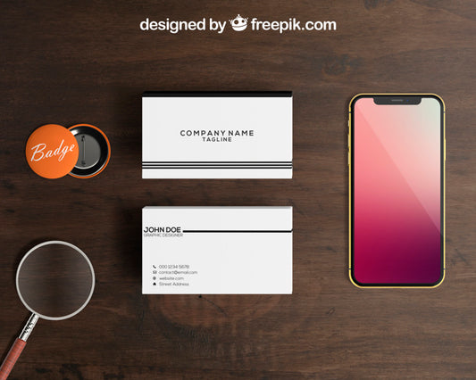Free Smartphone And Badge Mockup With Stacks Of Business Cards Psd