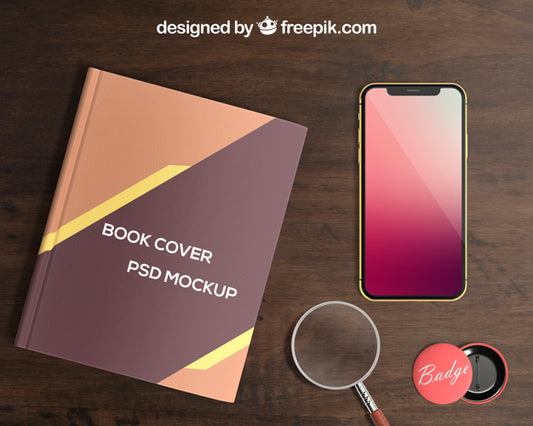 Free Smartphone And Book Cover Mockup With Badge Psd