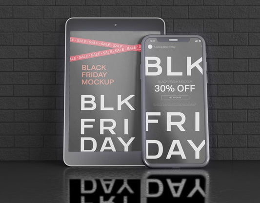 Free Smartphone And Digital Tablet Screens Mockup. Black Friday Concept Psd