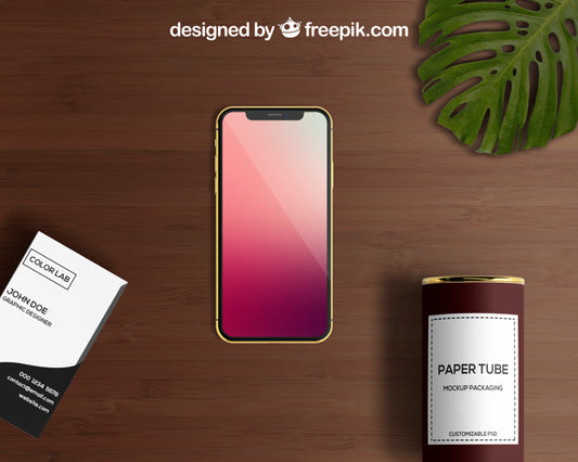 Free Smartphone And Paper Tube Mockup With Business Card Psd