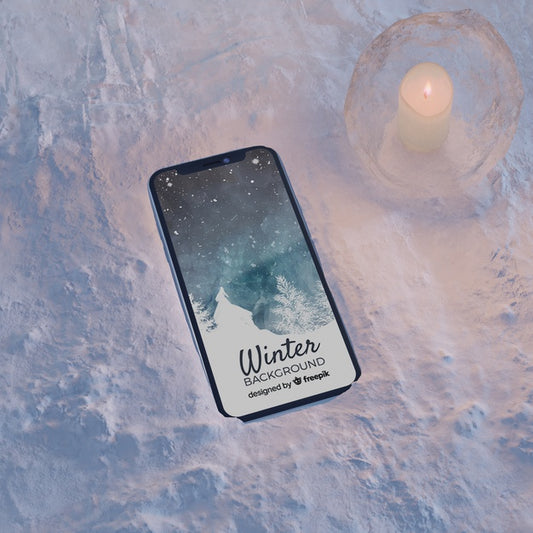 Free Smartphone On Ice Block Light By Candle Psd