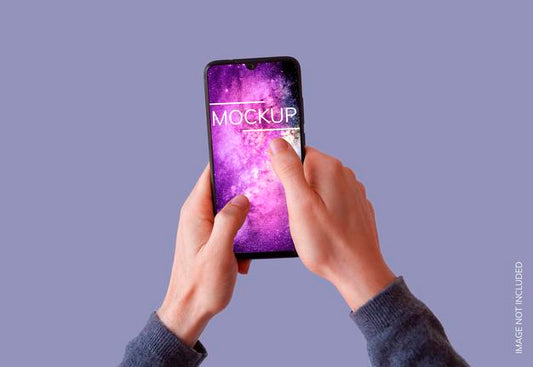 Free Smartphone Two Hands On Purple Background Mockup Psd