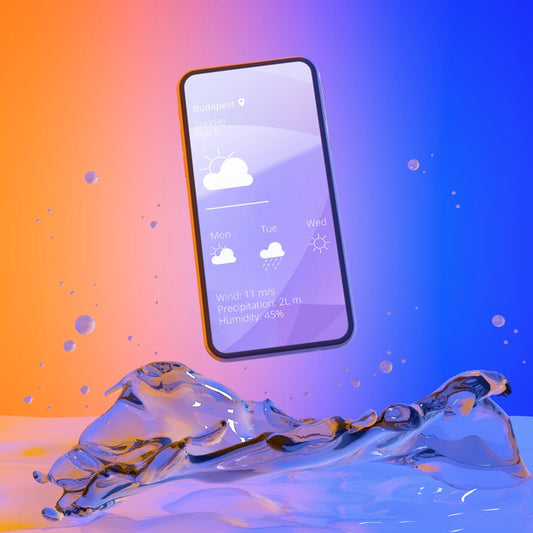 Free Smartphone With Weather App And Colorful Liquid Background Psd