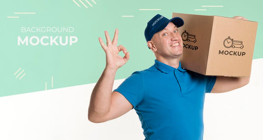 Free Smiley Delivery Man Holding A Box Psd