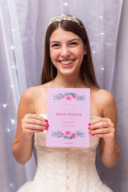 Free Smiley Girl Holding A Sweet Fifteen Invitation Mock-Up Psd
