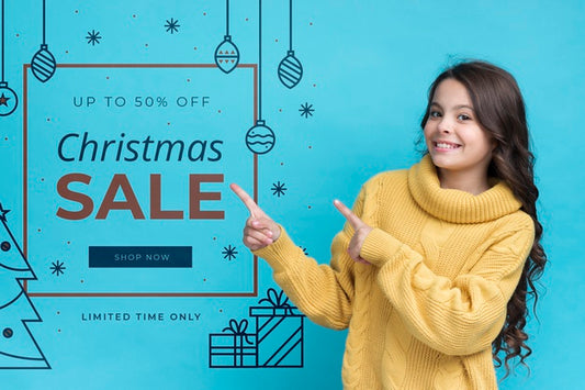 Free Smiley Girl Pointing At Message With Promotions On Christmas Psd