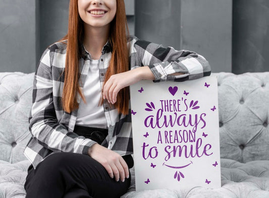 Free Smiling Woman Leaning On Mock-Up Psd