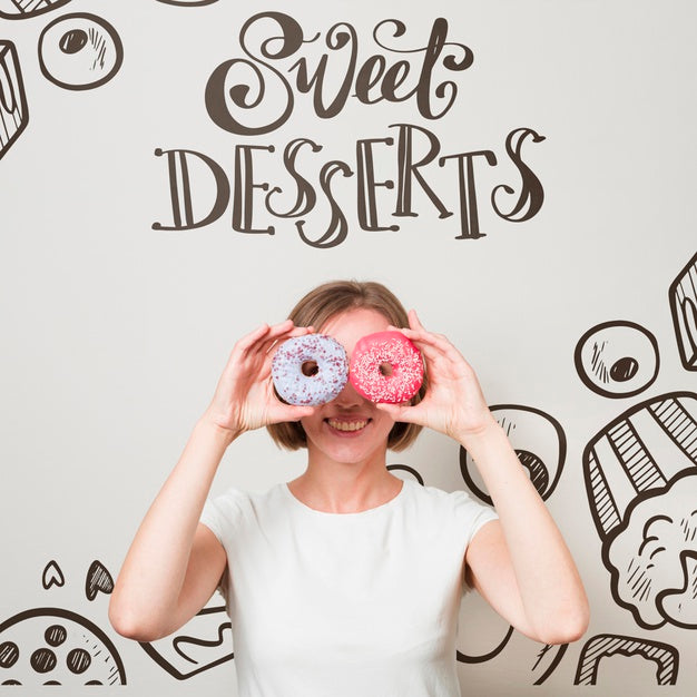 Free Smiling Woman Looking Through Donuts Psd