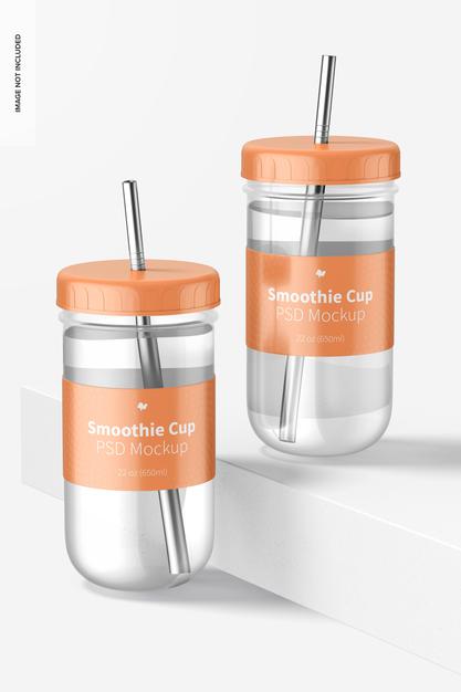 Free Smoothie Cups With Lid Mockup, Front View Psd