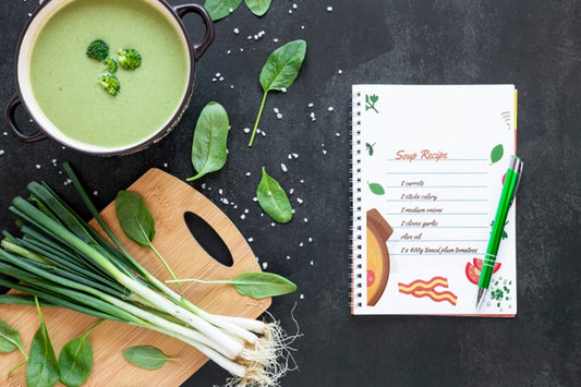 Free Soup With Arrangement Of Ingredients And Recipe Mock-Up Psd
