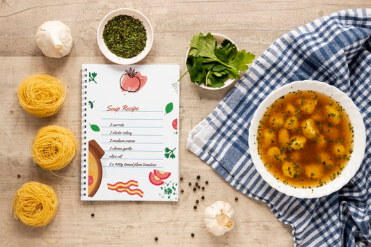 Free Soup With Composition Of Ingredients And Recipe Mock-Up Psd