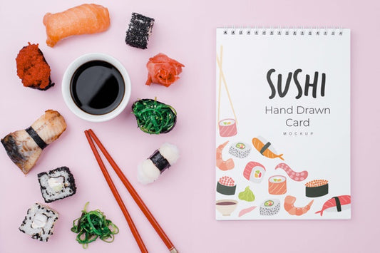 Free Soya Sauce And Sushi Rolls With Notebook Psd