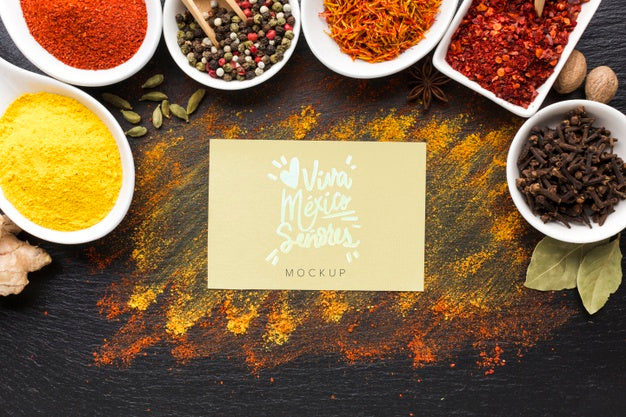Free Spices And Herbs Mock-Up With Viva Mexico Card Top View Psd