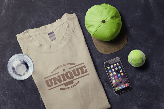 Free Tennis Sport Scene Mockup with T-Shirt and Smart Phone
