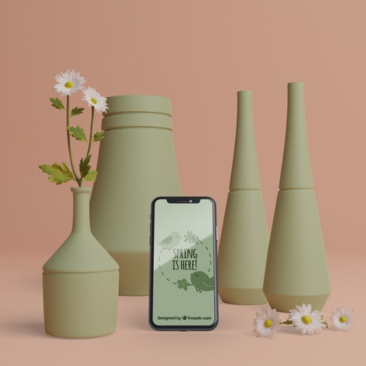 Free Spring 3D Decorations With Mobile And Mock-Up Psd