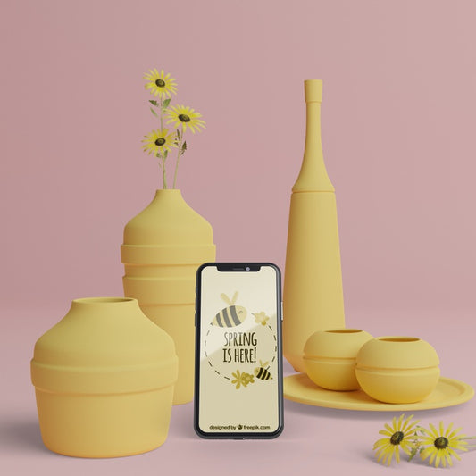 Free Spring 3D Decorations With Mobile Device Mock-Up Psd