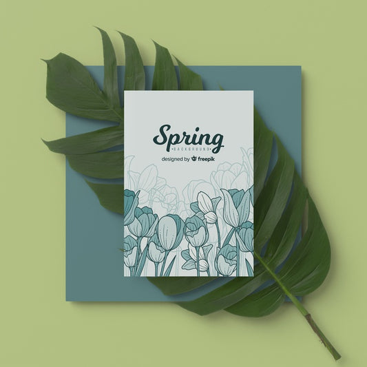 Free Spring Card With 3D Leaf On Table Psd