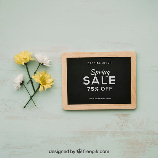 Free Spring Concept Mockup With Flowers Next To Slate Psd