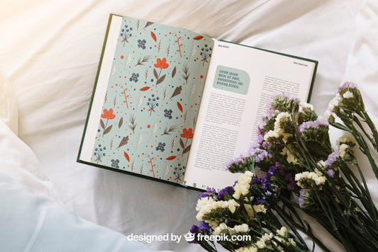 Free Spring Concept Mockup With Open Book And Flowers Psd