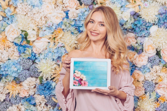 Free Spring Concept With Woman Holding Tablet Mockup Psd