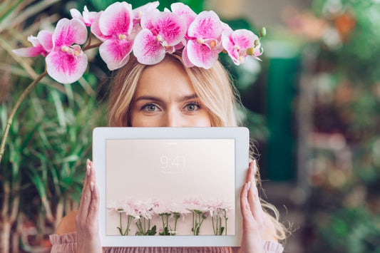 Free Spring Concept With Woman Holding Tablet Mockup Psd