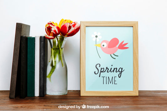 Free Spring Frame Mockup With Books And Vase Of Flowers Psd