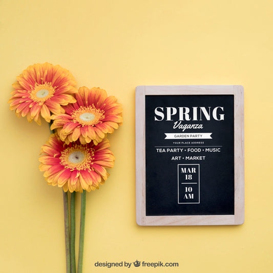 Free Spring Mock Up With Slate And Flowers Psd