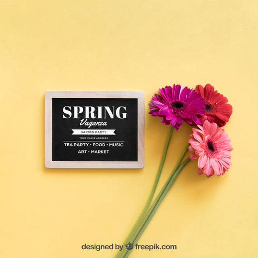 Free Spring Mock Up With Slate And Three Flowers Psd