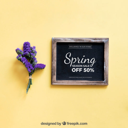 Free Spring Mock Up With Slate Next To Purple Flower Psd