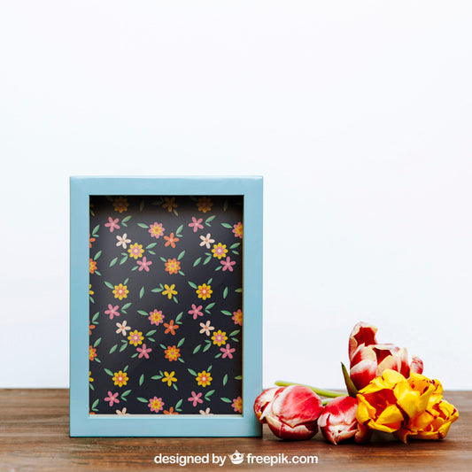 Free Spring Mockup With Blue Frame Of Flowers Psd