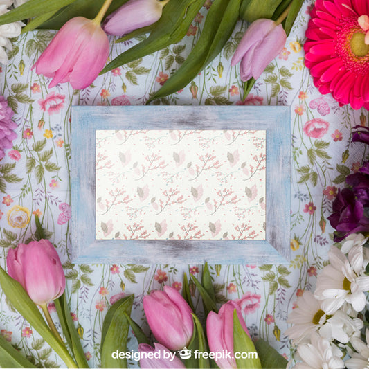 Free Spring Mockup With Blue Wooden Frame Psd