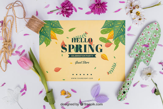 Free Spring Mockup With Card And Shovel Psd