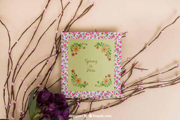 Free Spring Mockup With Floral Frame Psd