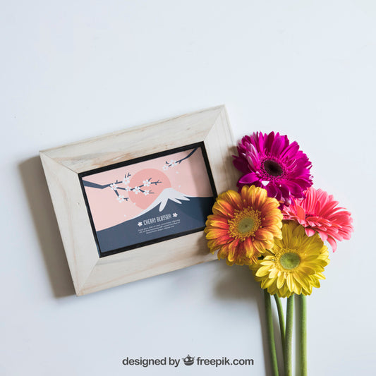 Free Spring Mockup With Flowers On Frame Psd