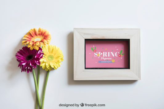 Free Spring Mockup With Frame And Beautiful Flowers Psd